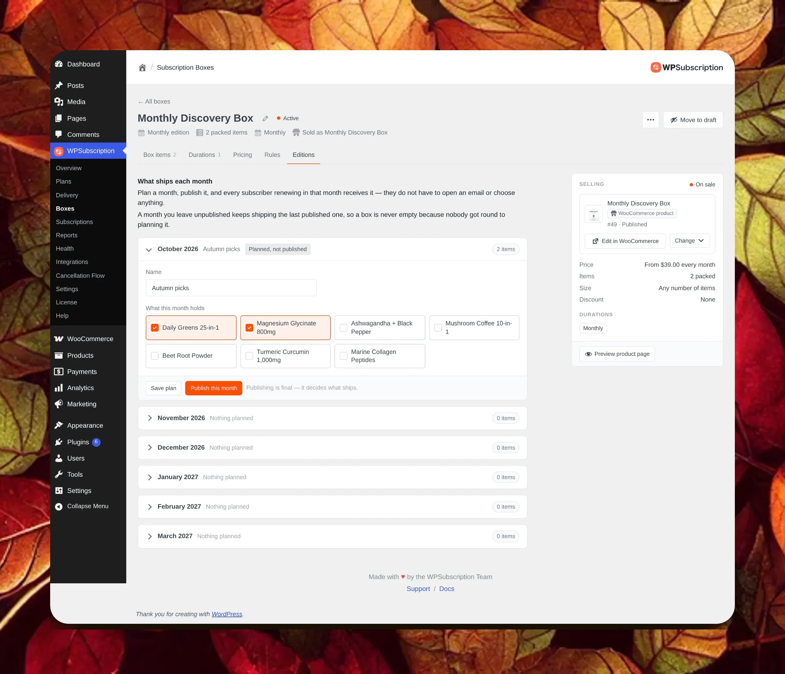 WPSubscription editions, with one card for each month