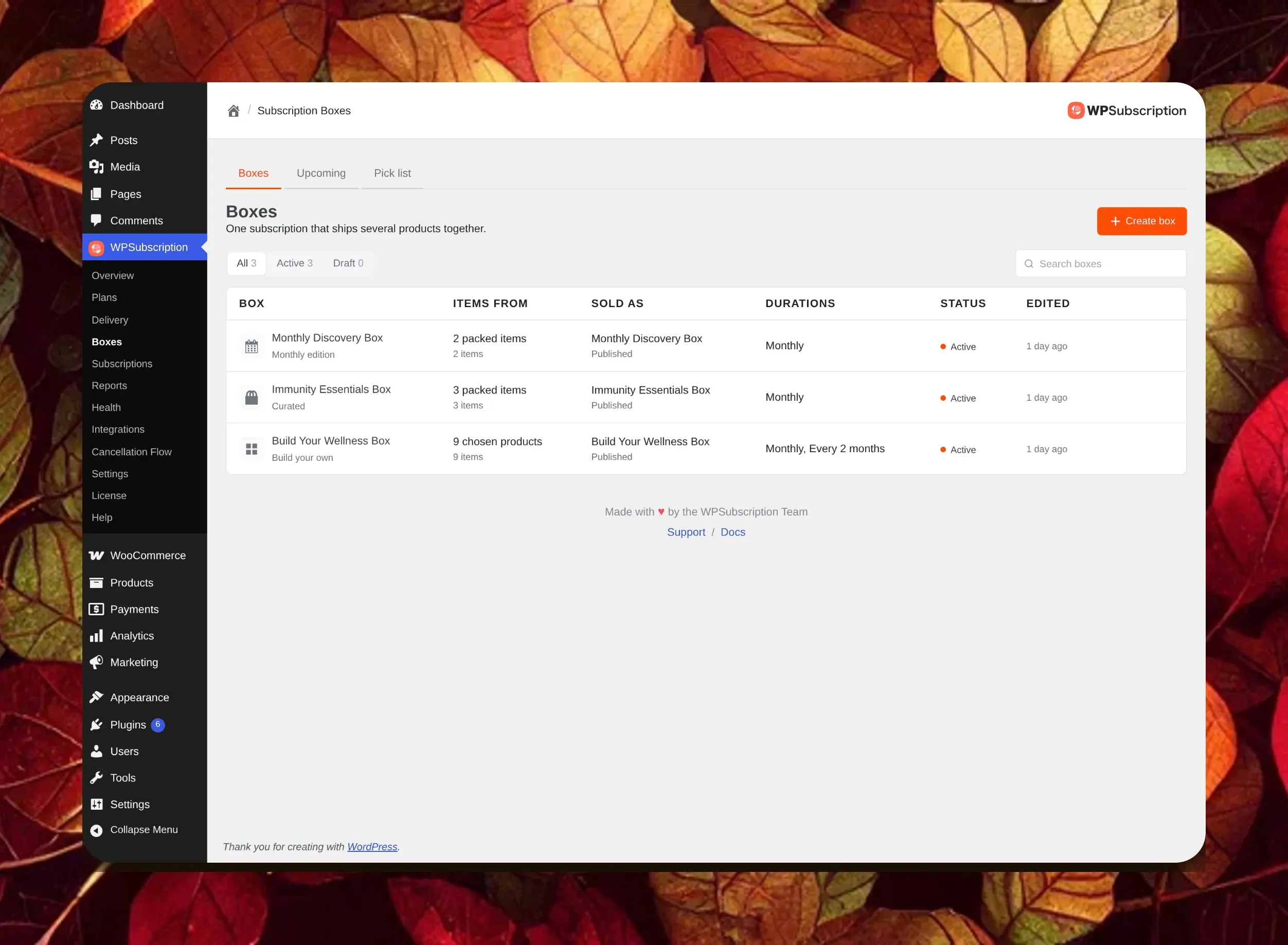 WPSubscription Boxes screen with a monthly edition, a handpicked, and a build your own box