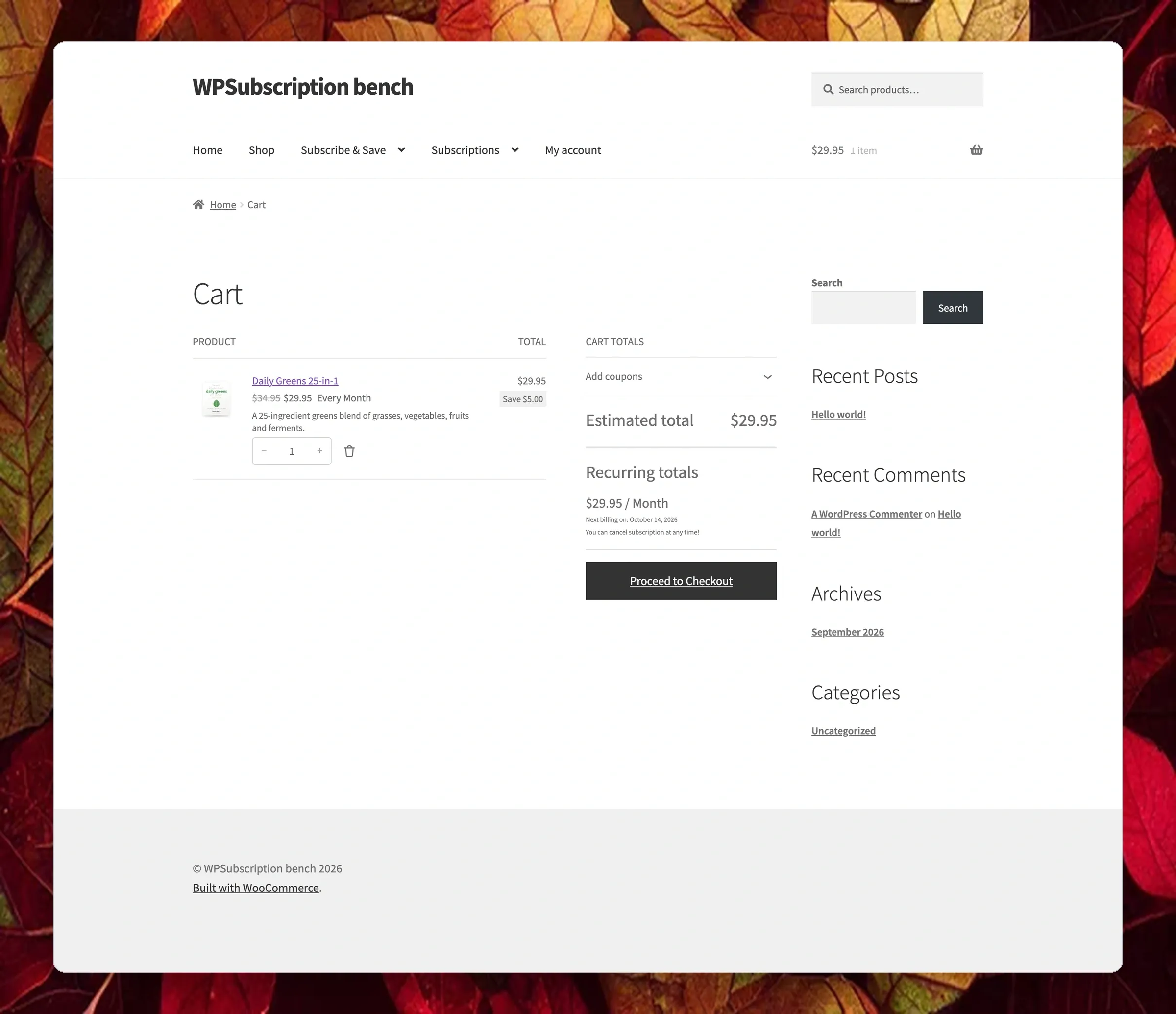 WPSubscription Cart and Checkout Summary