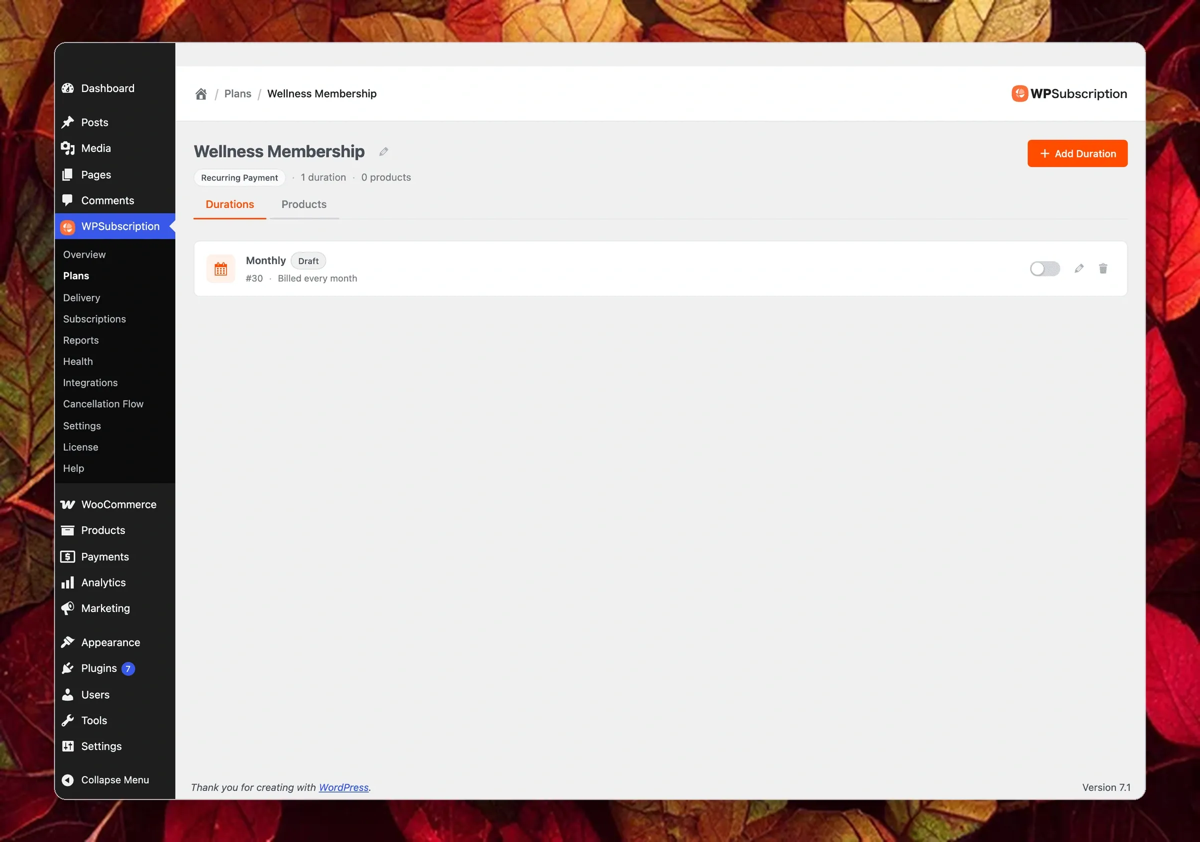WPSubscription 2.0 Plans Dashboard