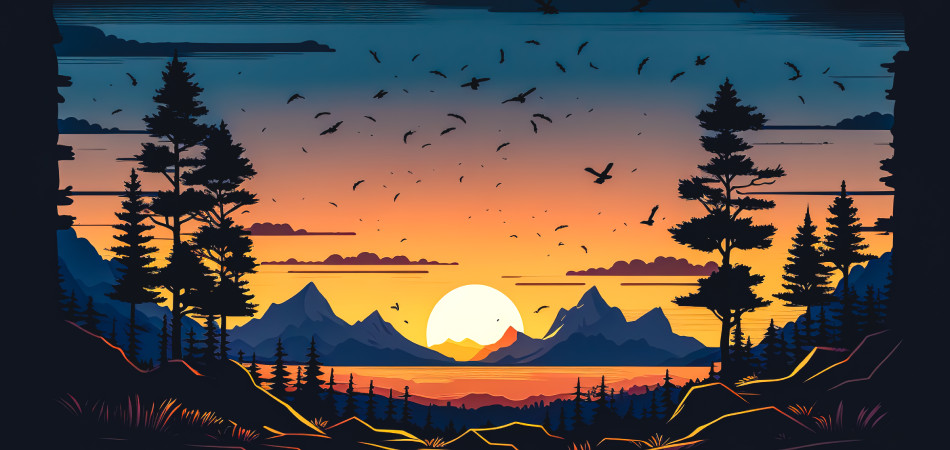sunset and silhouettes of trees in the mountains, generative ai.