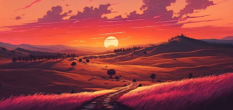 sunset over rural landscape, meadow, and mountains ,generative ai