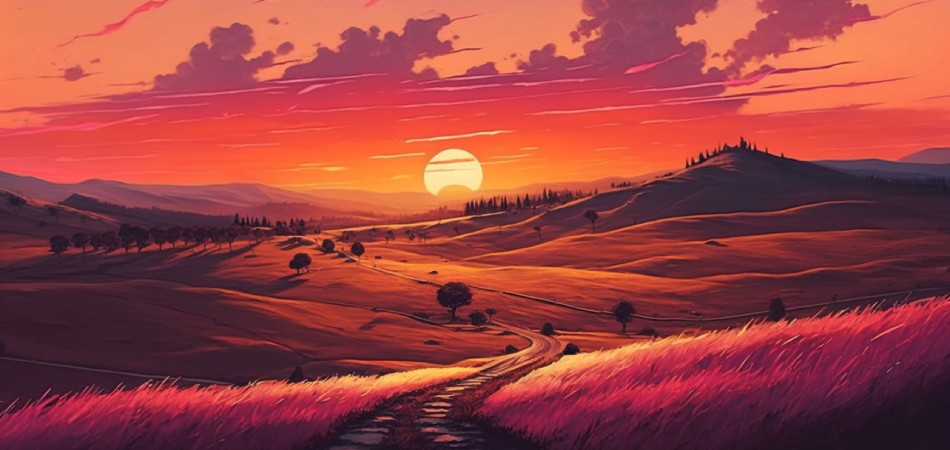 sunset over rural landscape, meadow, and mountains ,generative ai