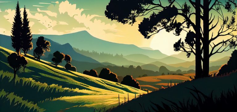 a tranquil summer sunset over a mountain silhouette generated by ai