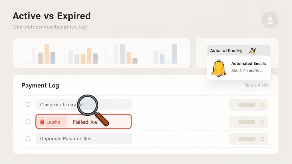 A dashboard displaying subscription statuses, payment log entries, and automated email notifications, with a failed transaction highlighted.