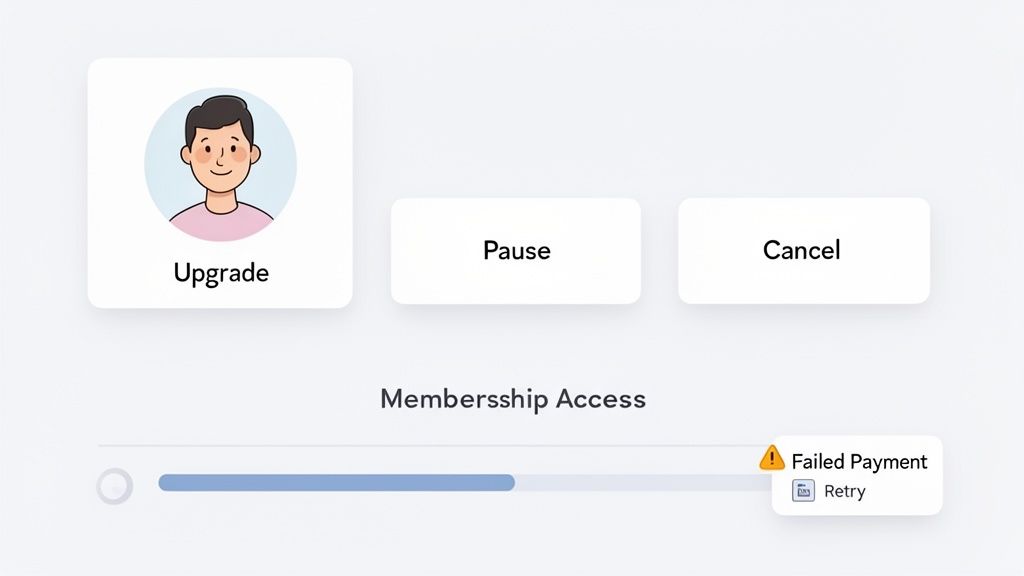 User interface for managing a subscription showing upgrade, pause, cancel, and a failed payment warning.