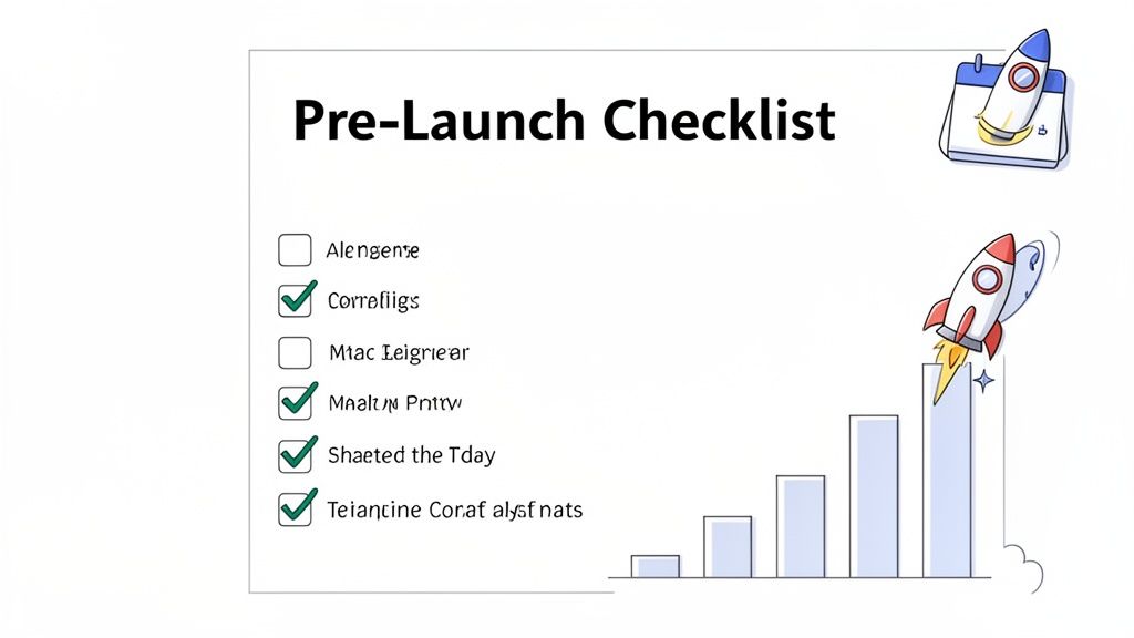 A pre-launch checklist with checked items, rockets, a calendar, and a growth chart indicating project readiness.