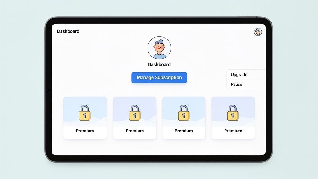 A tablet screen displaying a user dashboard with subscription management options and premium content cards.