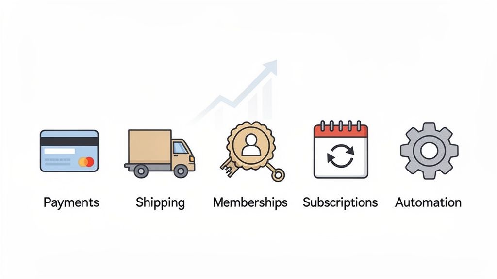 Icons representing e-commerce features: payments, shipping, memberships, subscriptions, and automation, with a growth arrow.