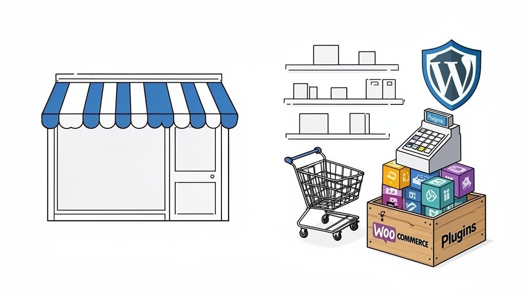 Illustration of a storefront and e-commerce setup with shopping cart, cash register, and WordPress WooCommerce plugins.