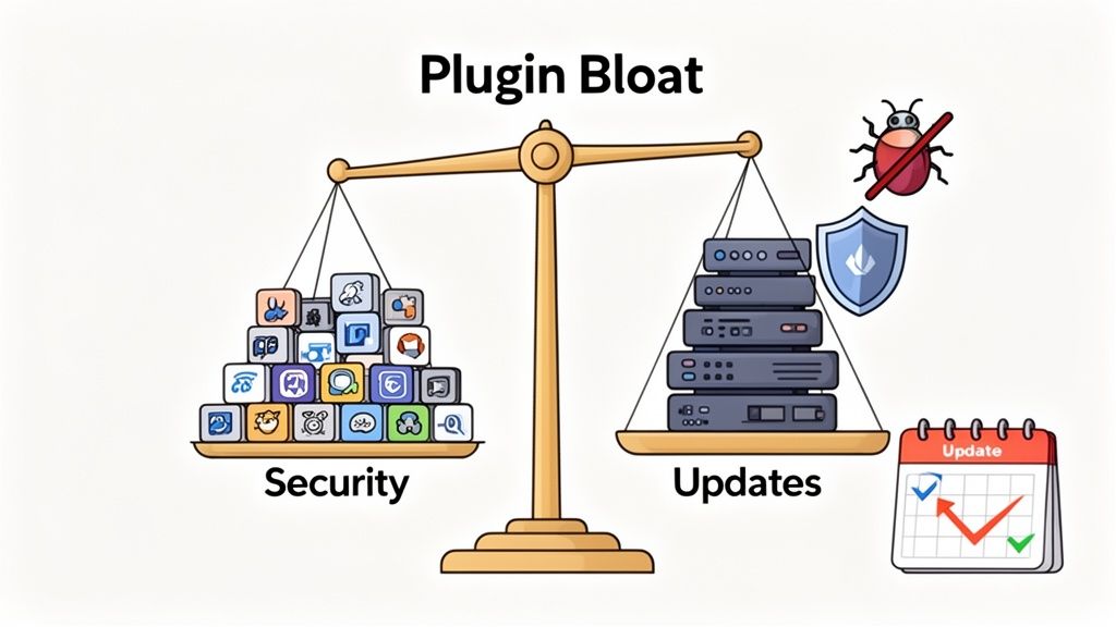 An unbalanced scale titled 'Plugin Bloat'. Many plugin icons on the 'Security' side outweigh the 'Updates' side.