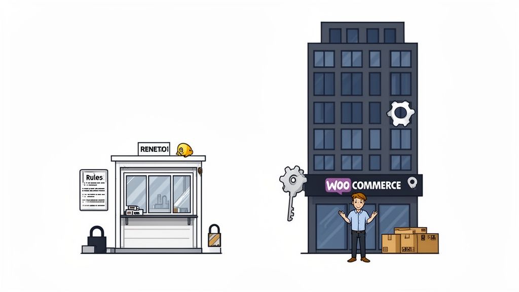 Illustration of a secure Reneto booth and a Woo Commerce building with a man and boxes.