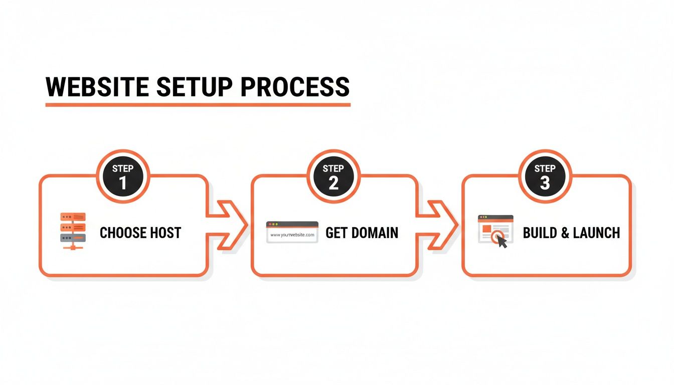 An infographic detailing the three-step website setup process: choose host, get domain, and build and launch.