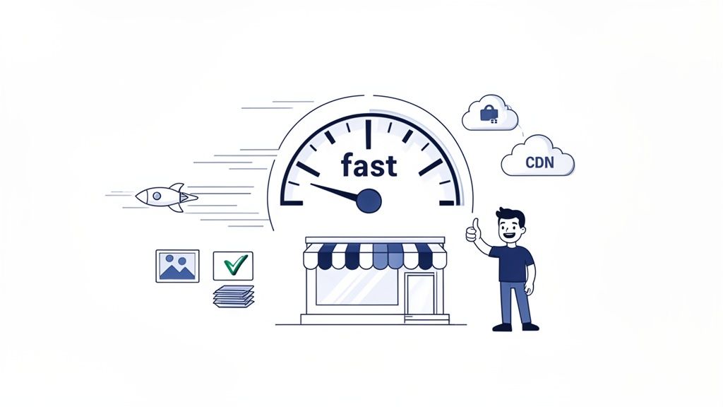 Illustration depicting a fast website or online store, with a speed gauge, CDN, and satisfied user.